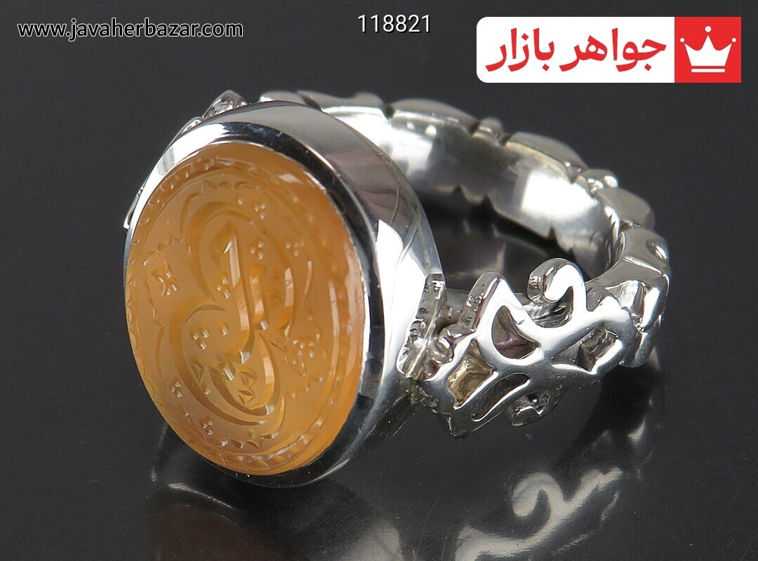 انگشتر نقره عقیق یمنی نارنجی خاک تربت کربلا مردانه دست ساز به همراه حرز امام جواد [حسین]